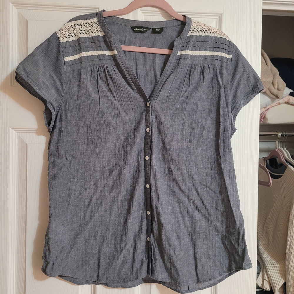 Eddie Bauer Blue Button-Down Shirt with Lace Detail